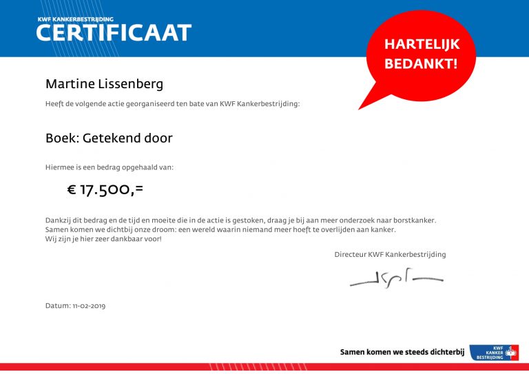 Bedankcertificaat kwf kankerbestrijding Martine Lissenberg